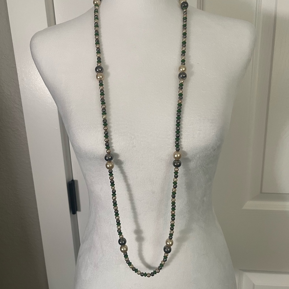 Long Beaded Necklace Green Pearl Look Heavy Quality Statement - Picture 3 of 4